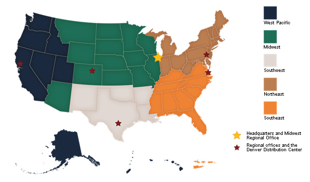 Map of the United States indicating the individual office locations of the Nationwide Testing Program divided into five key geographical areas that are supported by Nationwide Testing programs and services. These areas include the West Pacific (CA, WA, OR, ID, UT, NV, AK, HI, GU, VI), Midwest (MT, WY, CO, AZ, ND, SD, NE, KS, IA, IL, WI), Southwest (NM, TX, OK, AR, LA), Northeast (ME, VT, NH, MA, RI, CT, NJ, DE, MD, NY, PA, WV, OH, IN, MI), and Southeast (KY, TN, VA, NC, SC, GA, FL, AL, MS, PR) regions.