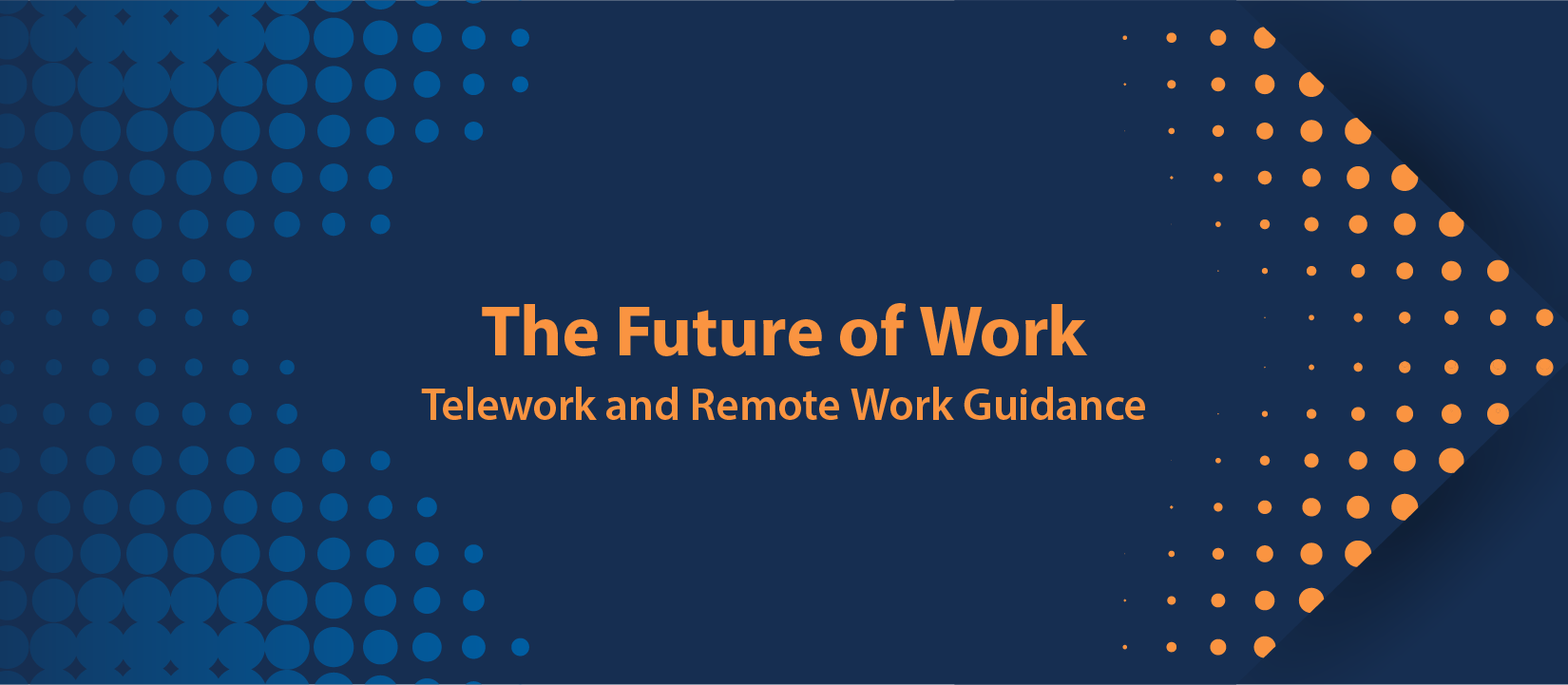 The Future of Work Telework and Remote Guidance text in orange on a blue background