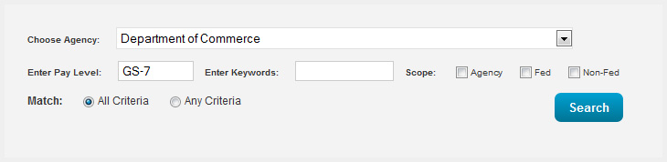 Graphic of the search interface with Agency selected AND GS-7 in the Pay Level field