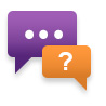 Two speech bubbles, one showing a question mark, the other showing three dots.