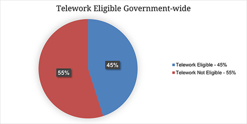 Pie Chart of Telework Eligible Government Wide: Telework Eligible = 45% / Telework Not Eligible = 55%