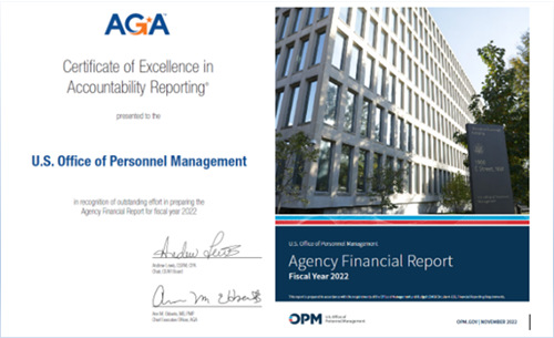 AGA Certificate of Excellence in Accountability Reporting presented to the U.S. Office of Personnel Management alongside the cover of the Agency Financial Report Fiscal Year 2022.
