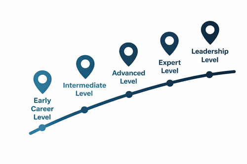 Image of HR career progression from Early Career Level, Intermediate Level, Advanced Level, Expert Level, and Leadership Level.