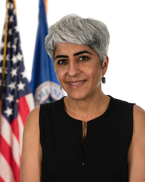Portrait of Kiran A. Ahuja standing in front of the American and OPM flags.