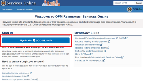 Services online homepage screenshot with the blue sign in with login.gov button outlined in red